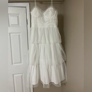 Lulus Sweetheart Style White Polka Dot Bustier Tiered Midi Dress